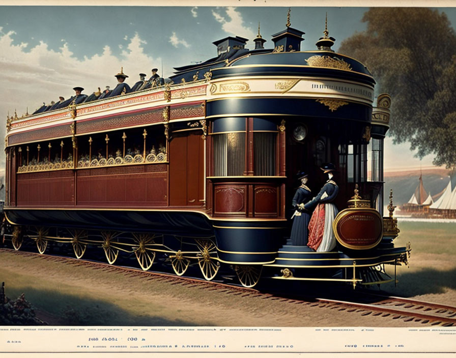 Detailed vintage illustration of opulent 19th-century railroad passenger car with people and woman with child.