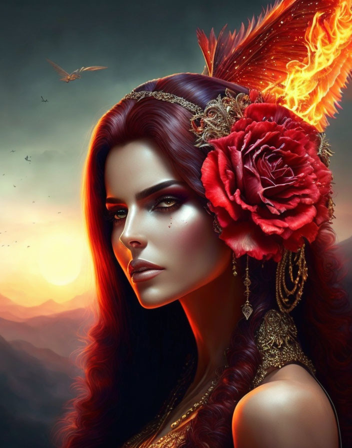 Fantasy portrait of woman with fiery wings and red hair in sunset setting