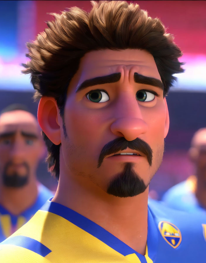 Brown-haired male character in blue and yellow sports jersey, looking pensive in animated scene