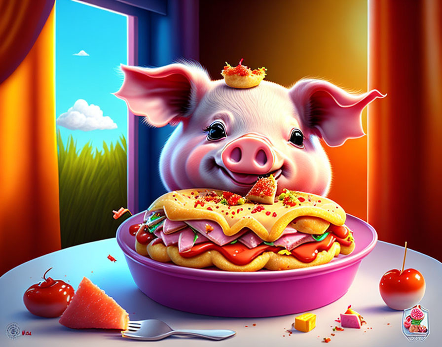 Cartoon pig with crown enjoying hot dog and fruits in pink bowl