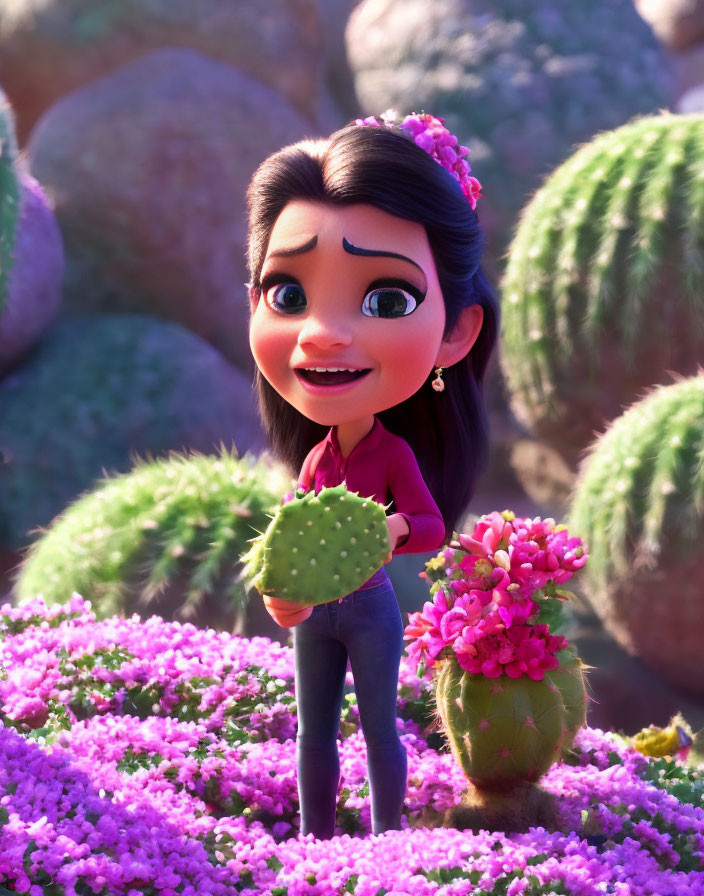 Young girl holding cactus pad in 3D animation surrounded by pink flowers and cacti