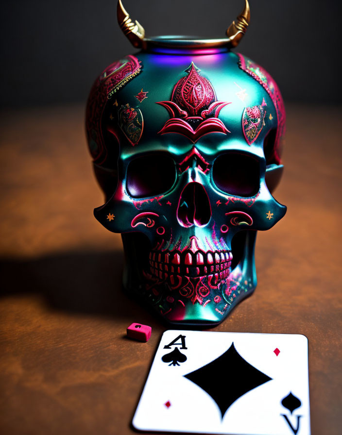 Intricate Pink and Gold Skull on Wooden Surface with Ace of Spades and Red Die