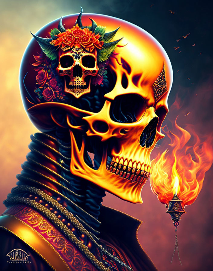 Colorful Flower Crown Skull Artwork on Warm Background with Stylized Incense Burner