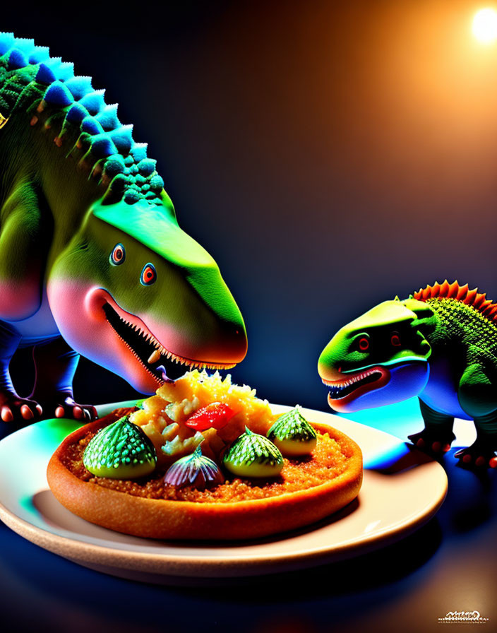 Cartoonish dinosaurs with pizza-like scales on dark background