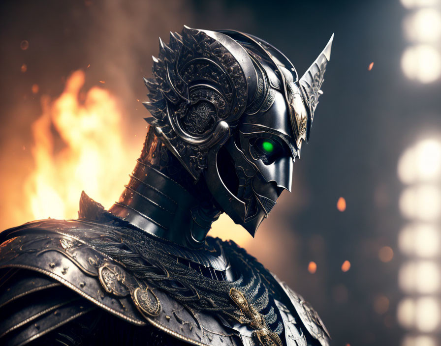 Detailed 3D rendering of knight in ornate armor with green glowing eye against fiery backdrop