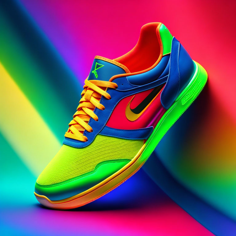 Colorful Gradient Sneaker with Neon Swoosh on Striped Background