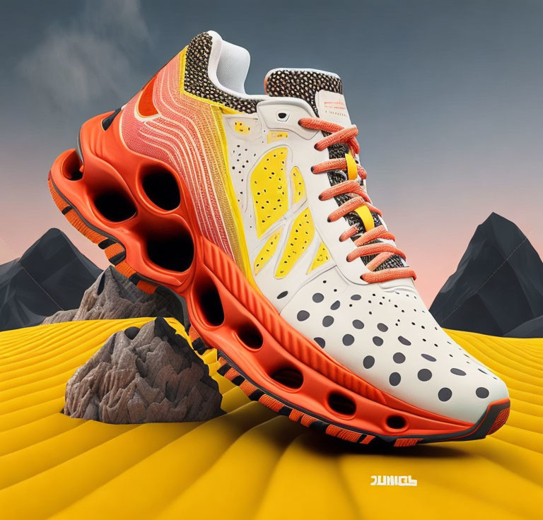 Colorful Athletic Shoe with Futuristic Sole Design on Mountain Backdrop