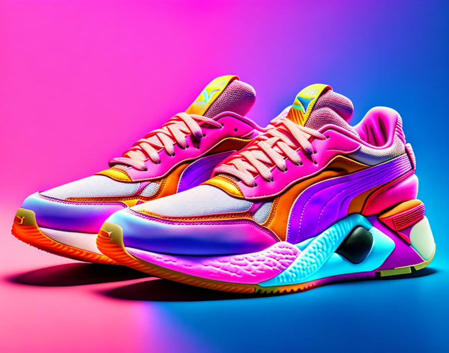 Colorful Gradient Pink and Blue Sneakers with Pink, Purple, Yellow, and Blue Hues