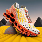 Colorful Athletic Shoe with Futuristic Sole Design on Mountain Backdrop