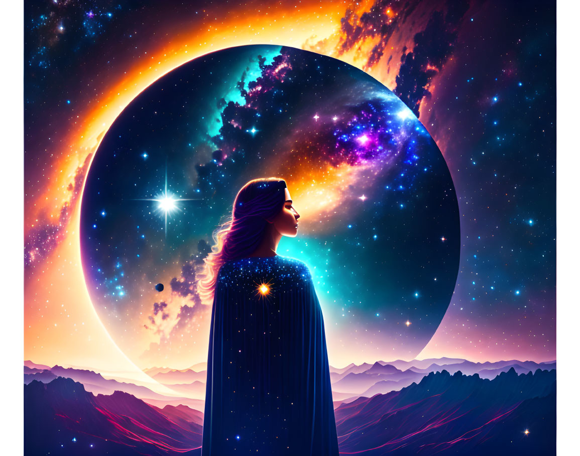 Silhouette of person against cosmic backdrop with stars and planet.