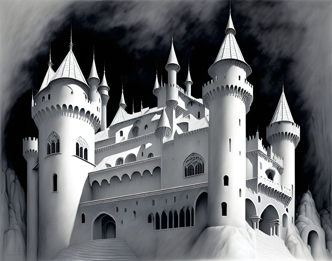 Monochromatic digital art: Fantastical castle with spires in dark sky