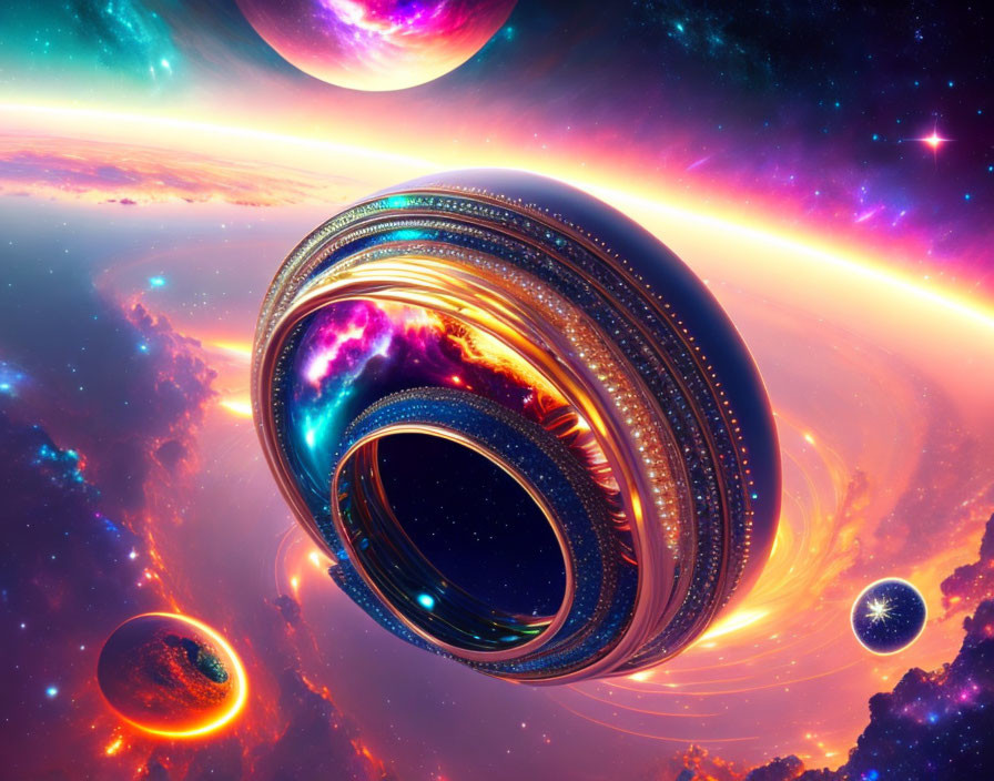 Futuristic ring-shaped space station in vibrant cosmic scene