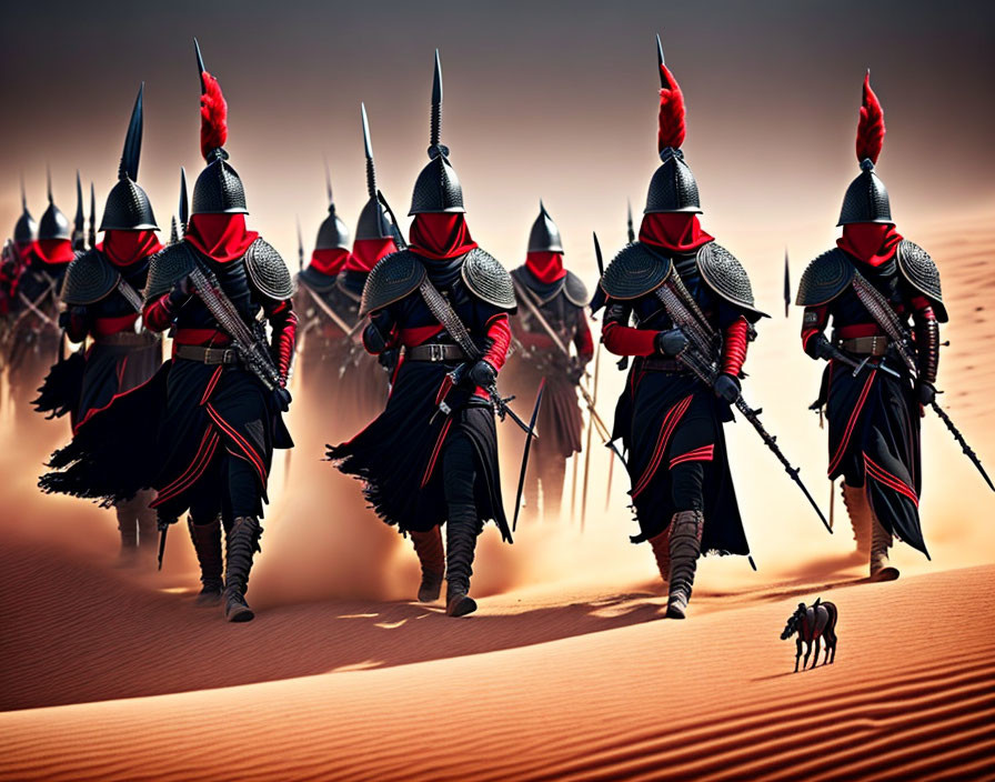 Armored knights with red plumes in a sandy desert landscape