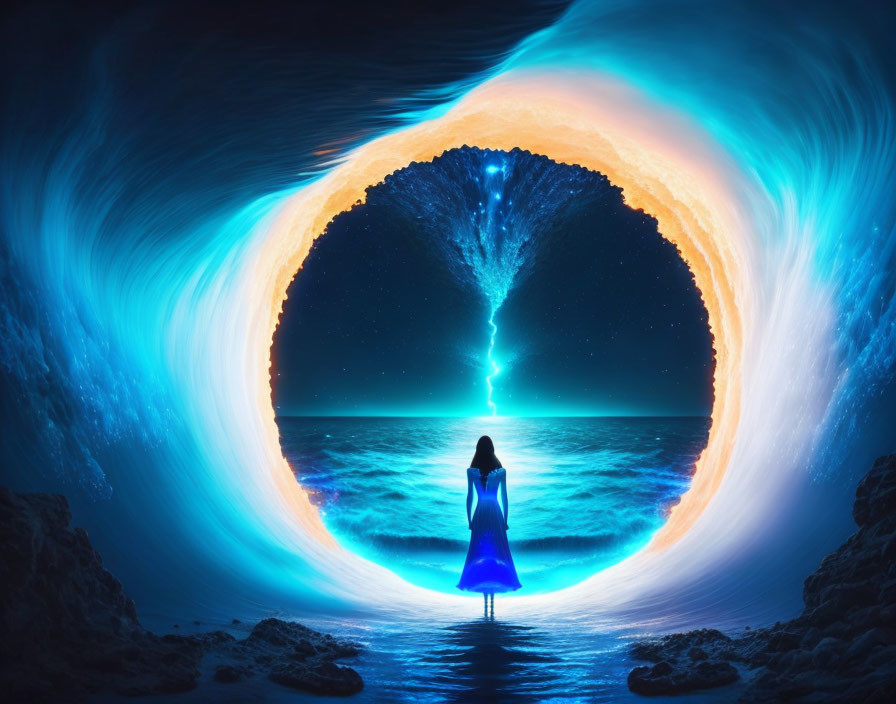 Person in blue robe gazes at surreal portal over ocean with lightning.