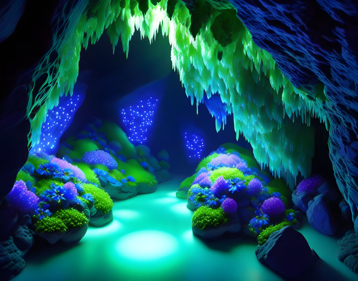 Glowing blue and green plants in underwater cave with rocks and stalactites