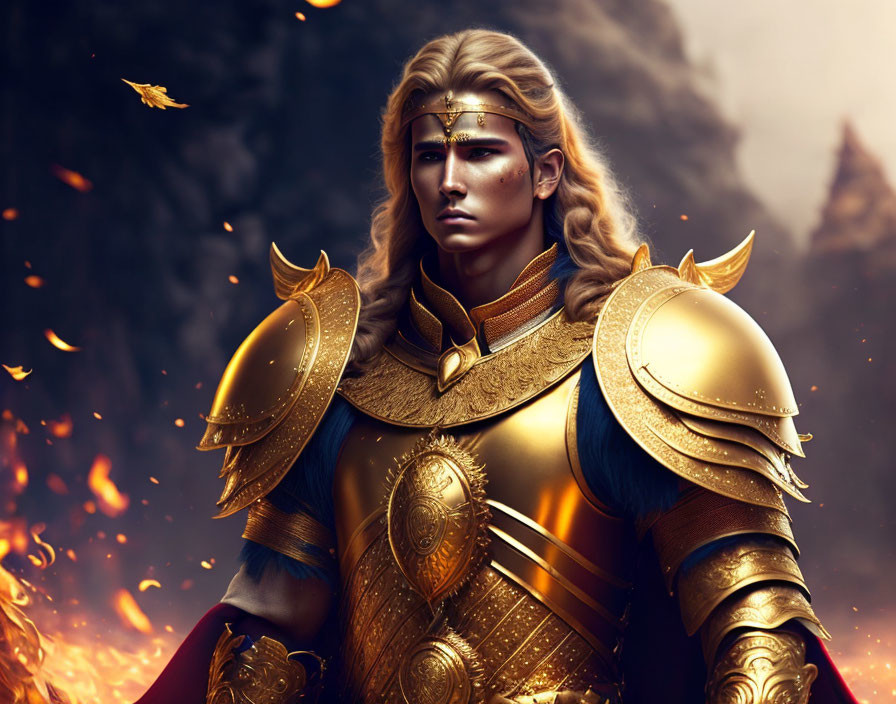 Illustration of fantasy warrior in golden armor with crown and blond hair, amidst floating embers