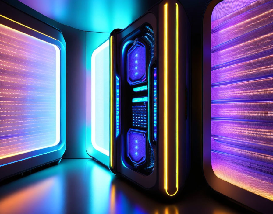 Sophisticated futuristic room with neon lighting and high-tech panels