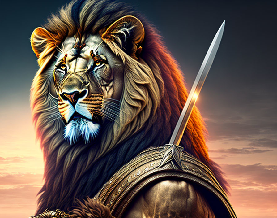 Majestic lion in warrior armor holding sword against dramatic sky