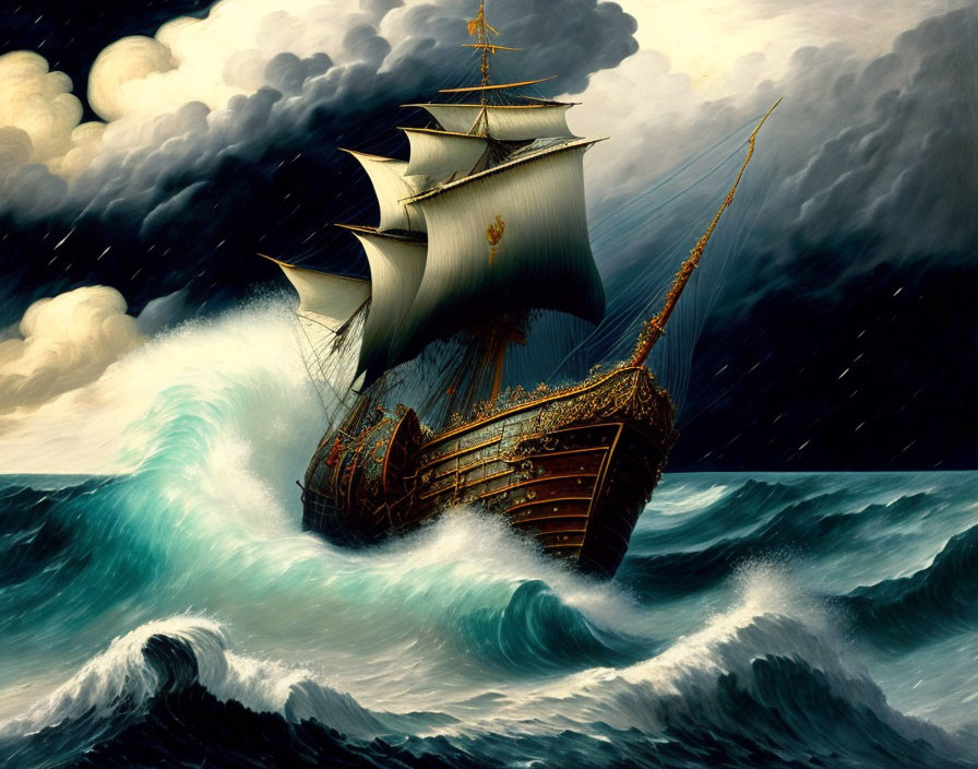 Majestic sailing ship on tumultuous ocean waves