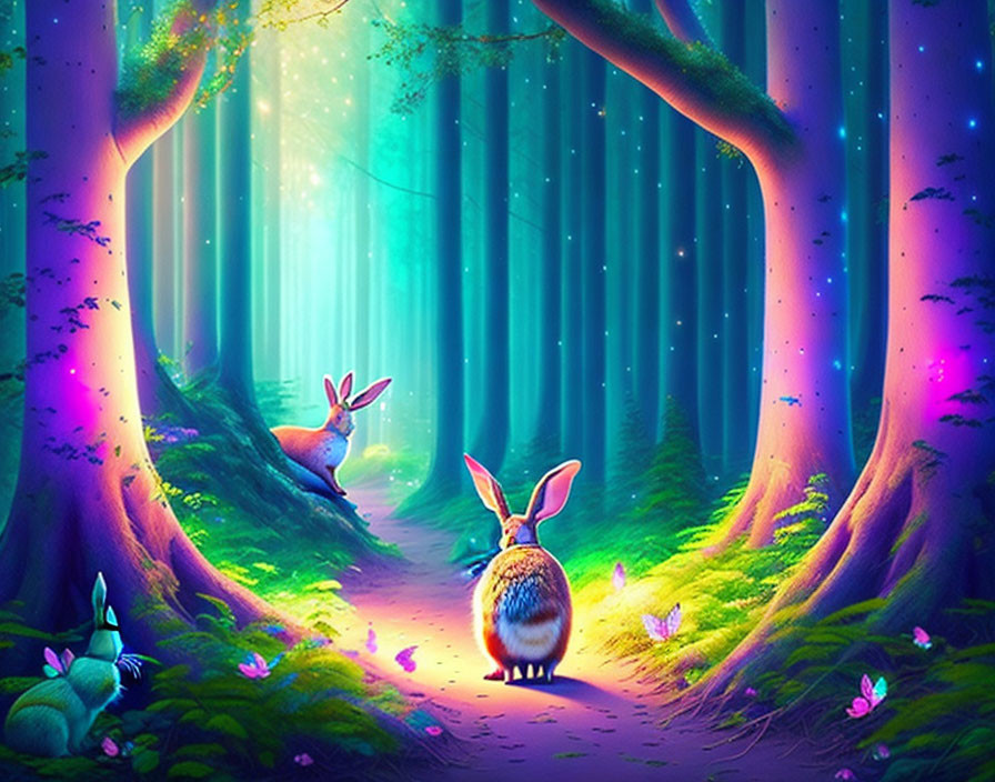 Enchanting fantasy forest with glowing trees and colorful creatures