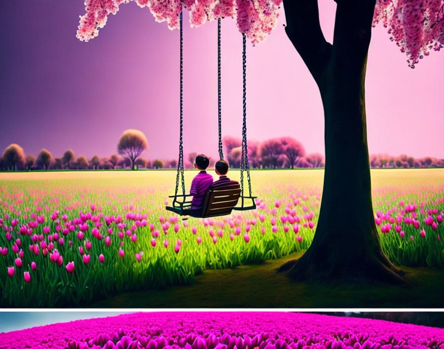 Two People Sitting on Swing Under Cherry Blossom Tree Amid Pink Tulips and Purple Sky