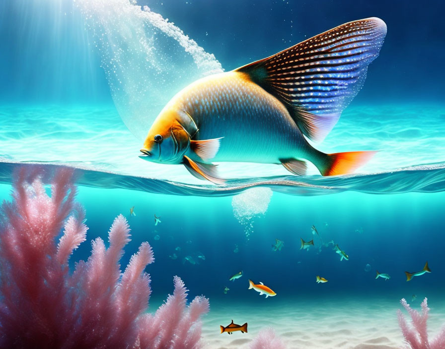 Colorful digital artwork: Oversized fish swimming over coral reefs in deep blue sea with small fishes under