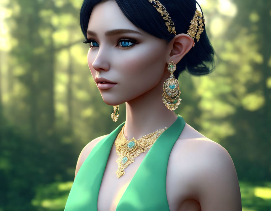 Portrait of Woman with Blue Hair in Green Dress and Gold Jewelry