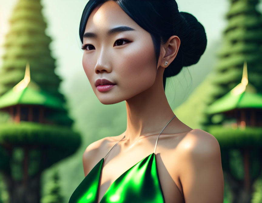 Asian woman in green outfit with sleek hair and subtle makeup, pagodas and trees in background