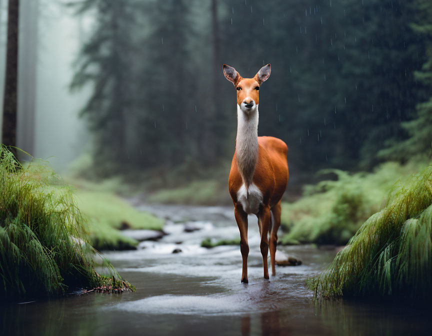 Deer in rain-soaked forest with flowing creek