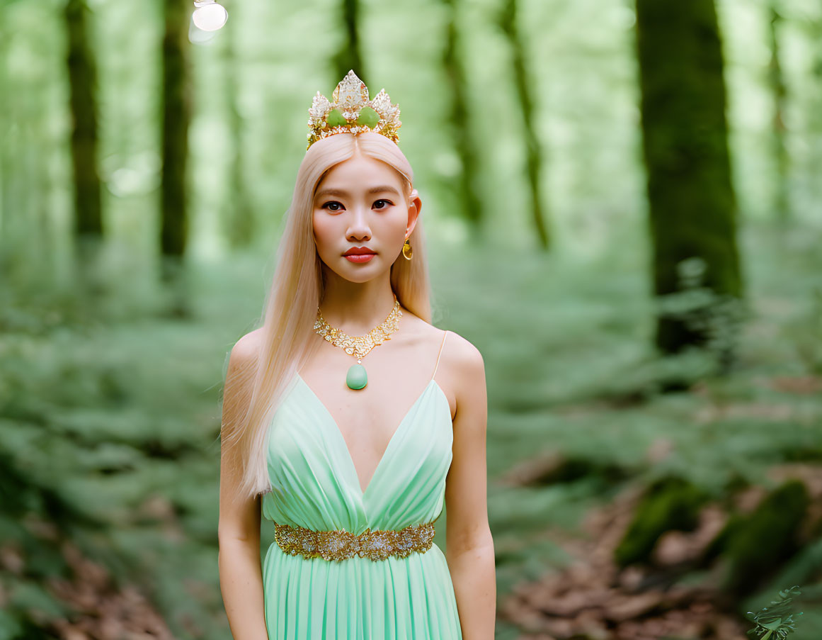 Woman in tiara and green dress standing in forest