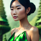 Portrait of Woman with Blue Hair in Green Dress and Gold Jewelry