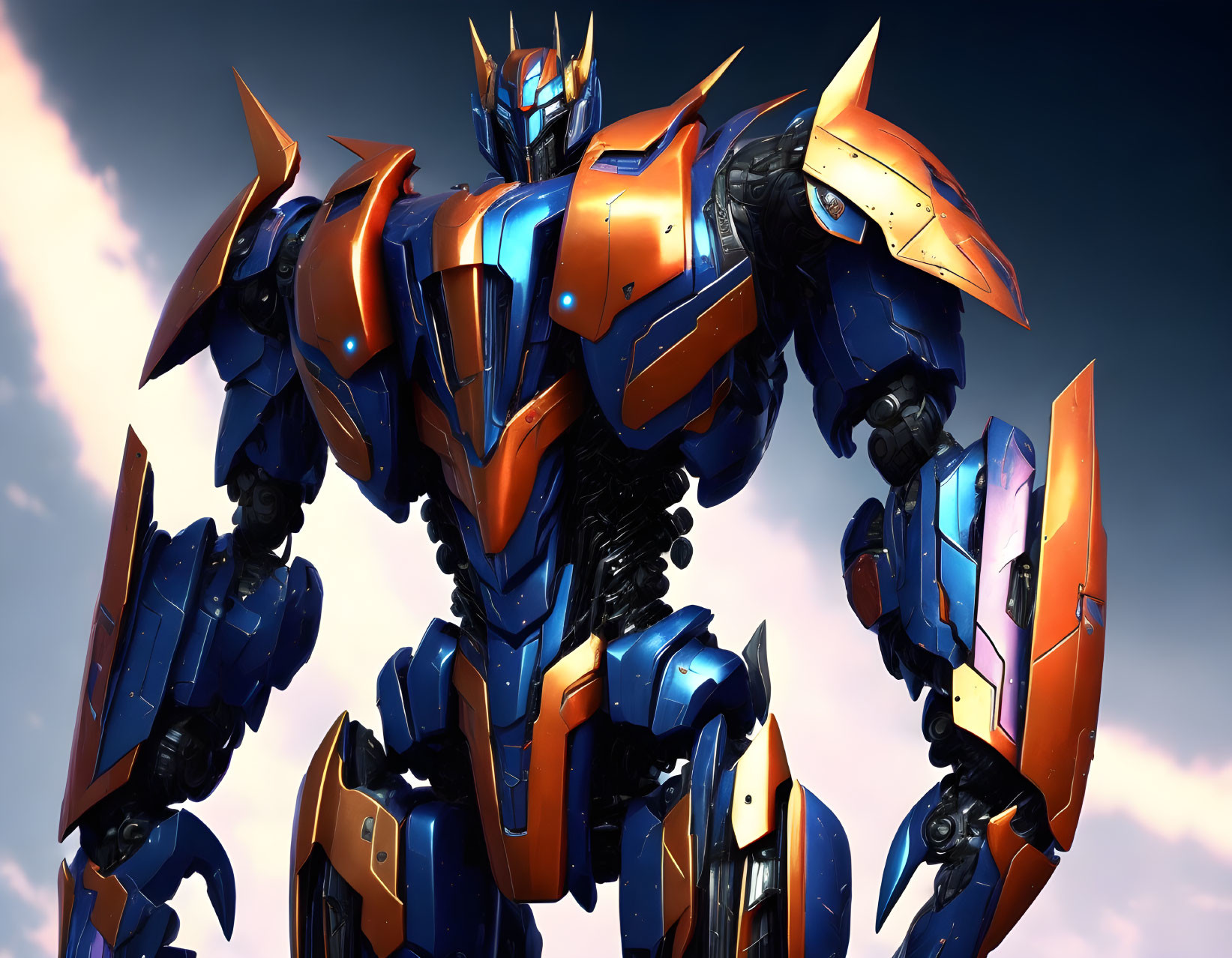 Detailed blue and orange humanoid robot with intricate armor and angular faceplate in cloudy sky