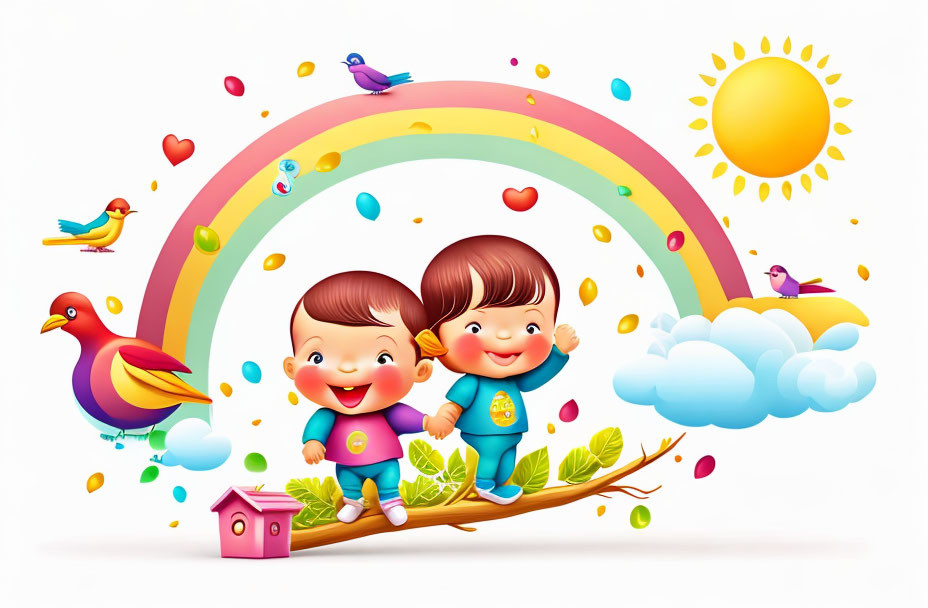 Colorful cartoon children on branch with rainbow, sun, birds, and birdhouse