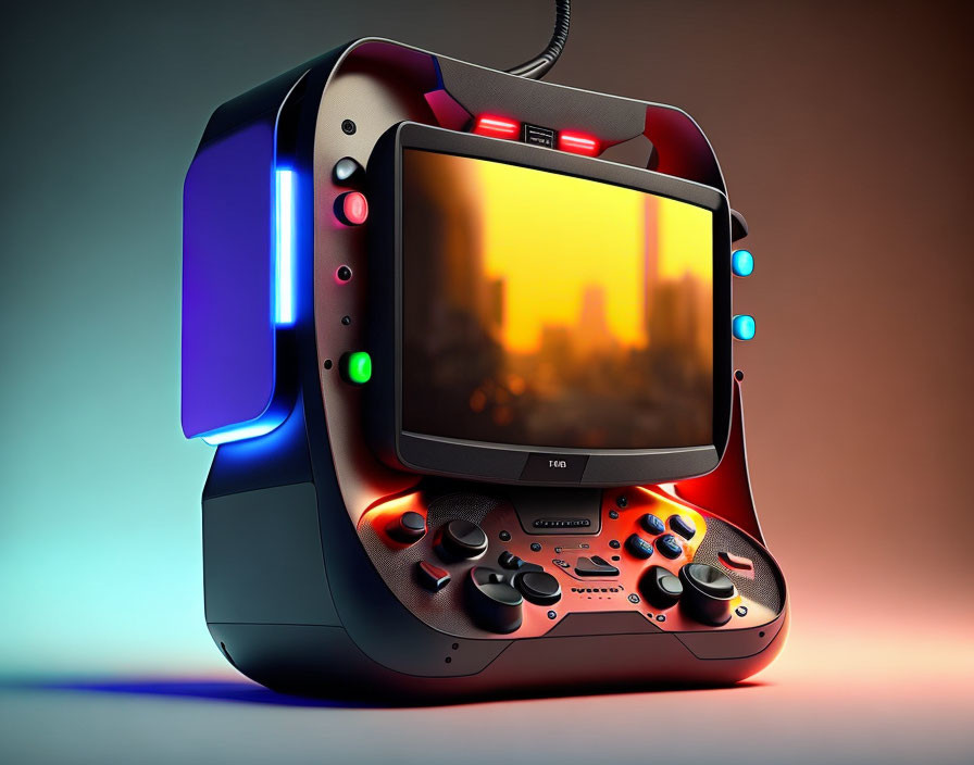 Stylized gaming device with arcade and console controllers on retro CRT screen