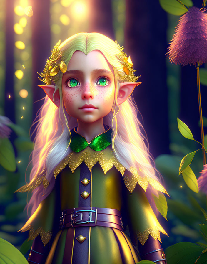 Fantasy elf with large ears and golden crown in enchanted forest