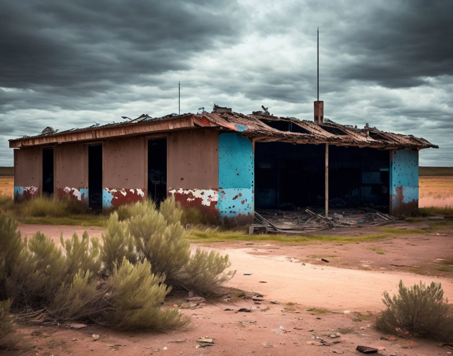 Decrepit building with damaged roof and peeling blue paint in overgrown surroundings