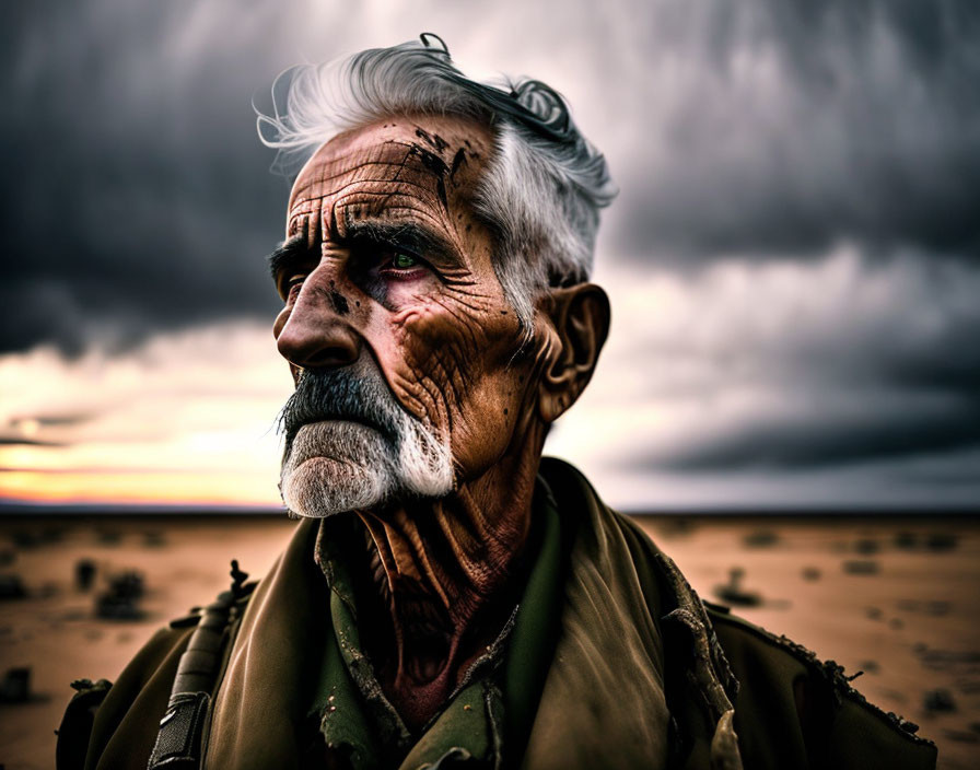 Elderly man with white mustache gazes into dramatic cloudy sky