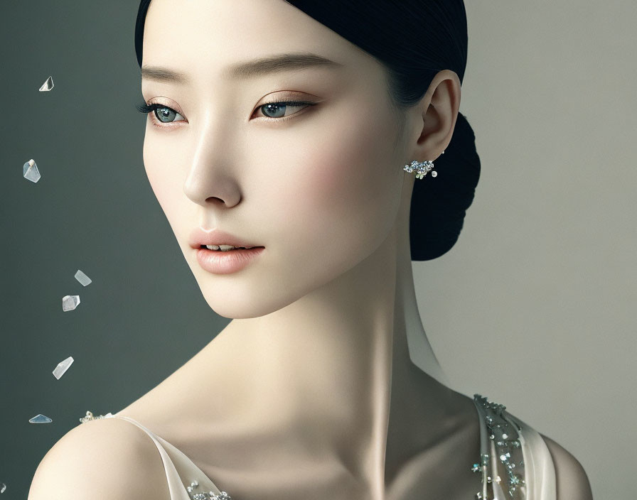 Porcelain-skinned woman with crystal jewelry on grey background