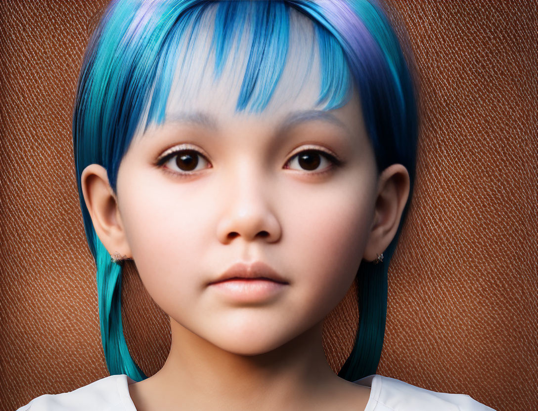 Person with Blue and Turquoise Hair and Earring on Textured Brown Background