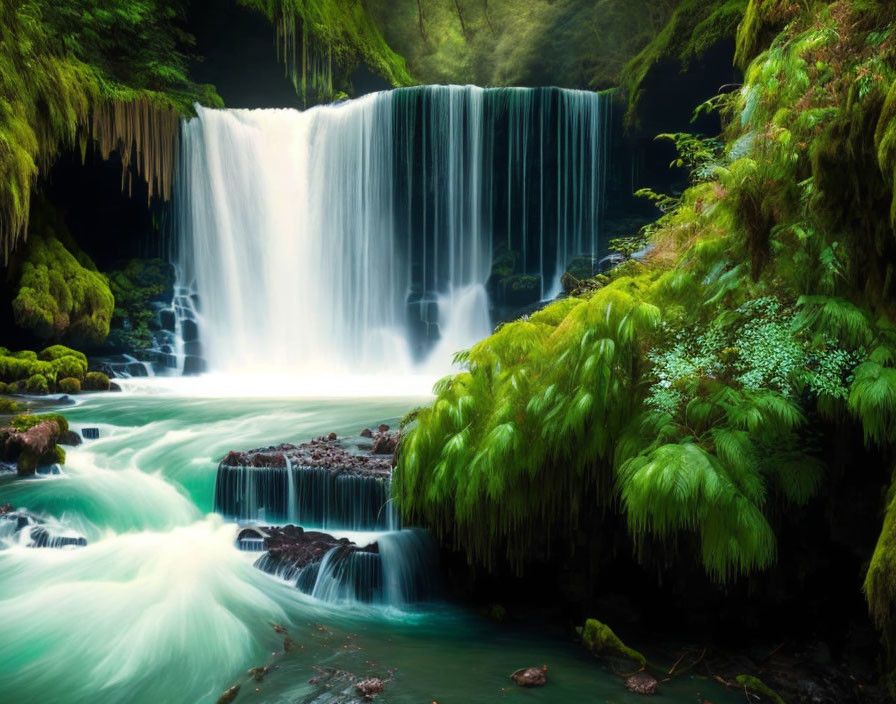 Tranquil waterfall cascading into serene river amidst lush greenery