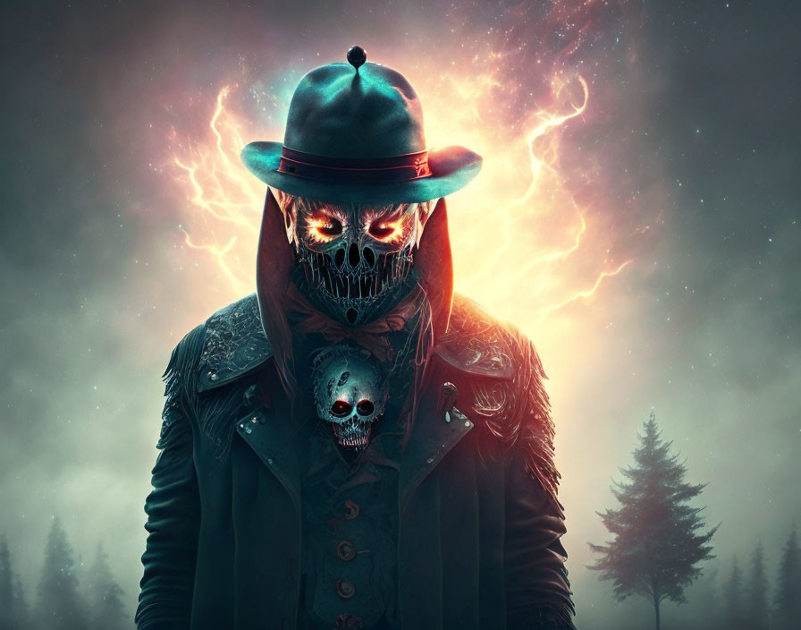 Skull-faced figure in fedora and jacket with lightning in misty forest.