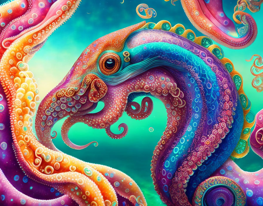 Colorful Spiral-Shaped Octopus Artwork with Underwater Theme