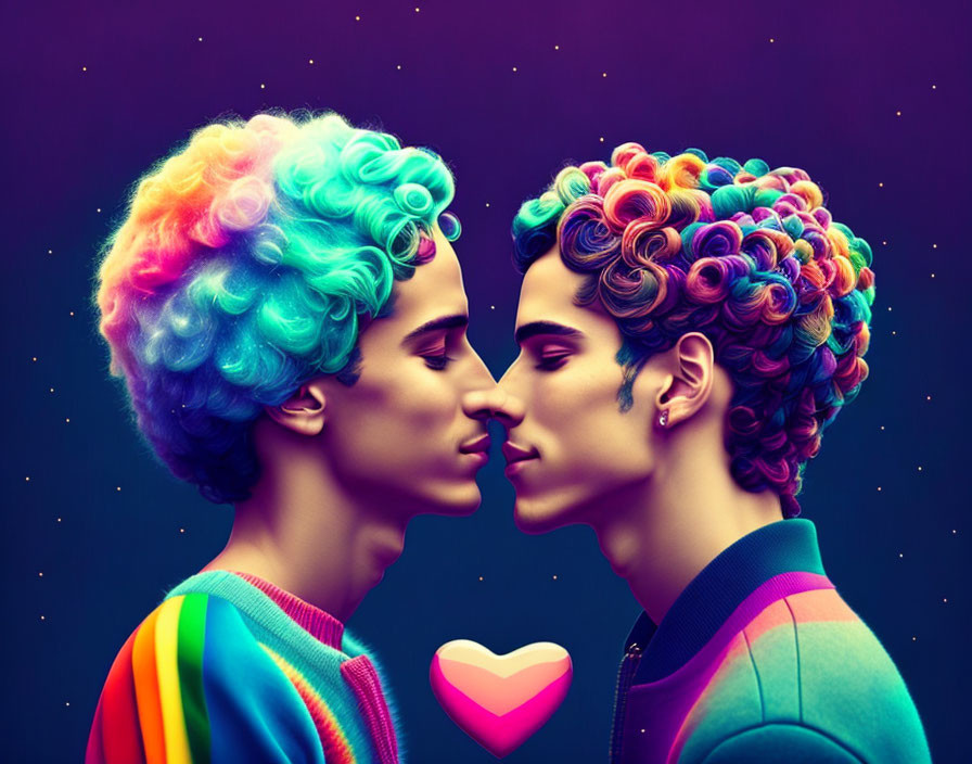 Colorful Rainbow-Hued Hair Couple Kissing with Heart Graphic