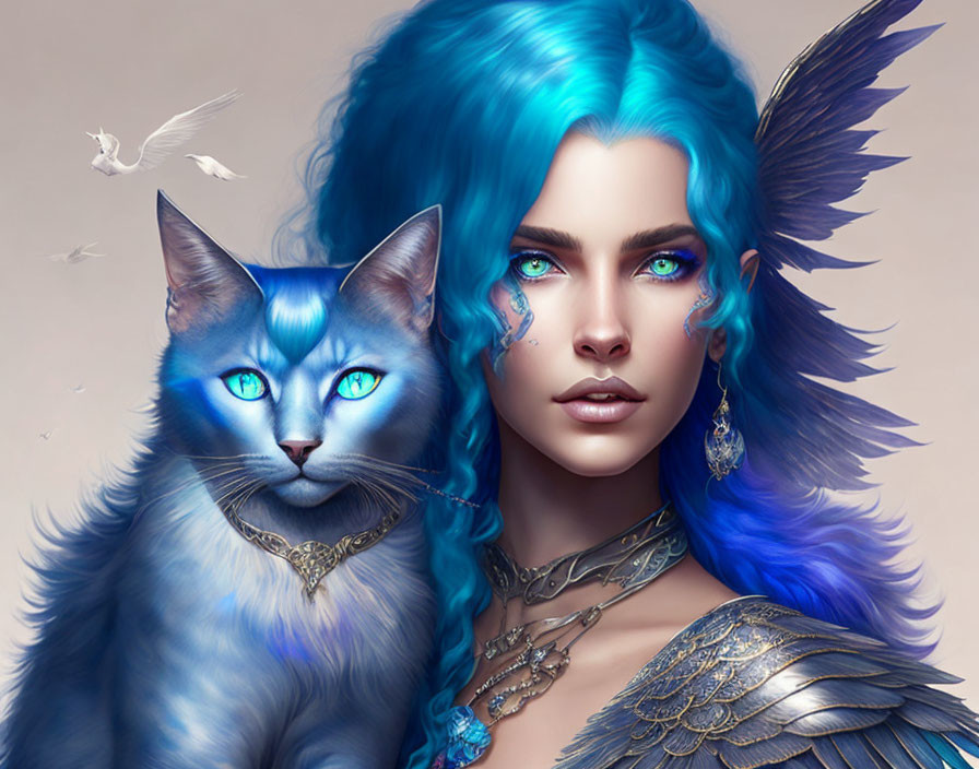 Fantastical portrait of woman with vibrant blue hair and intricate makeup, accompanied by blue-eyed cat with