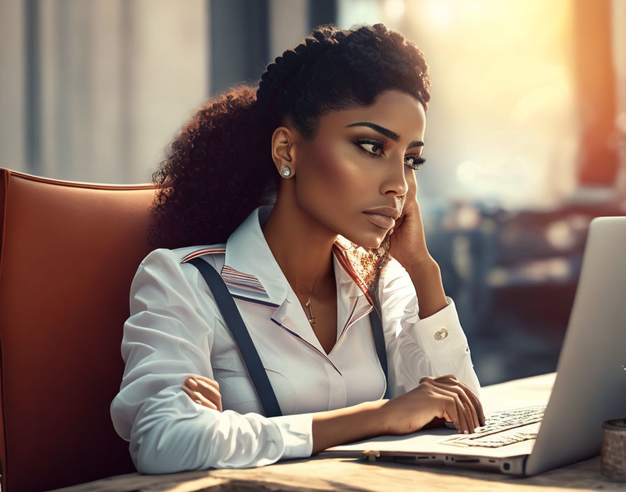 Woman with braided hair sitting at desk gazes away from laptop in warm sunlight