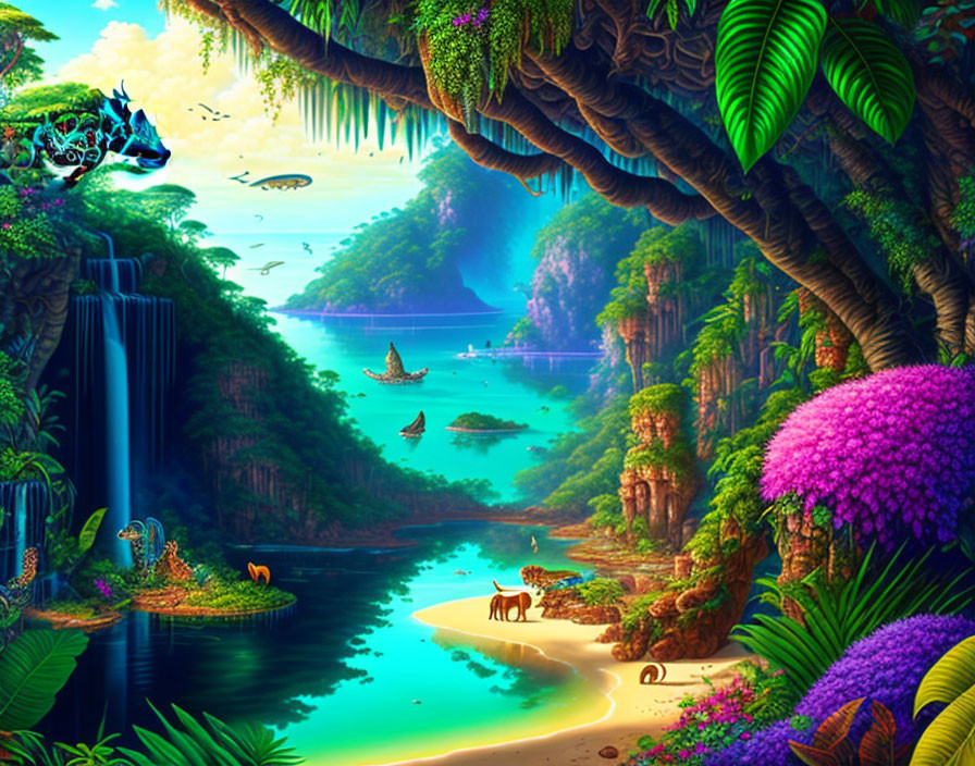 Colorful Jungle Landscape with River, Waterfalls, and Boat under Mystical Sky