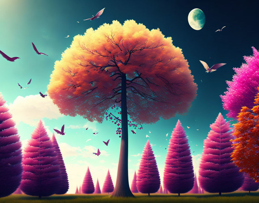 Colorful Fantasy Landscape with Orange and Pink Trees, Birds, Moon, and Blue Sky