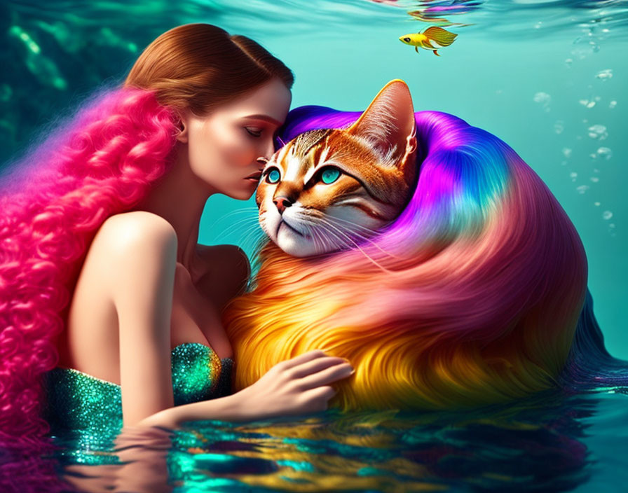 Pink-haired woman hugging multicolored cat in water with fish