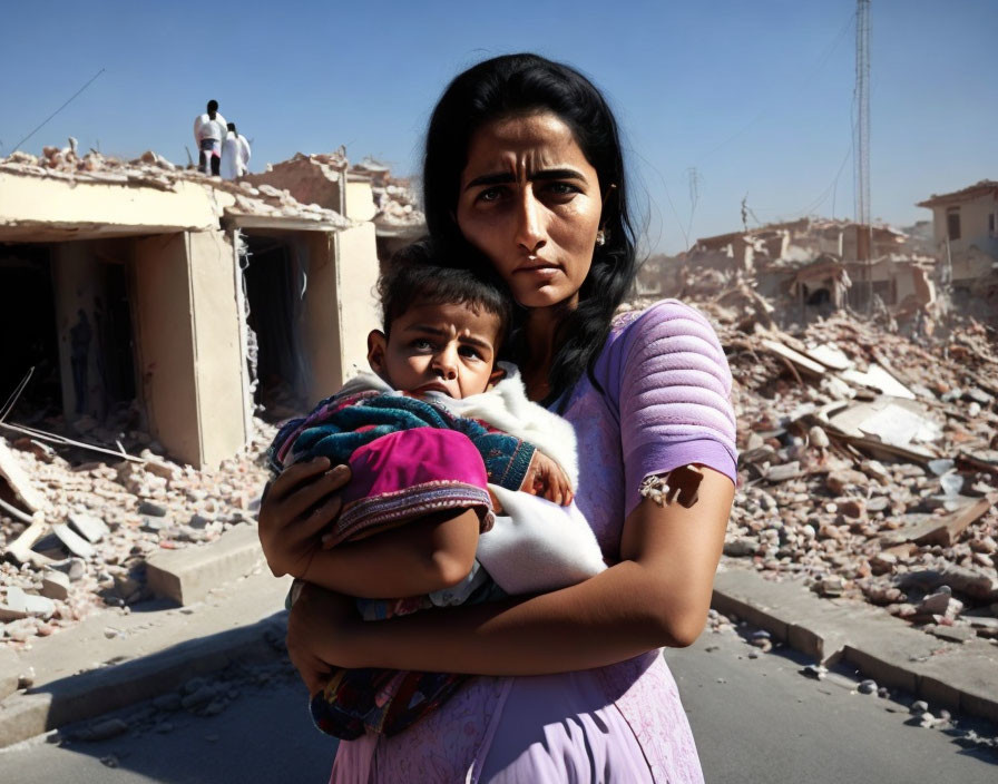 Woman holding child in rubble of destroyed buildings showing despair.