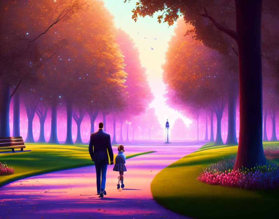 Adult and child walking hand-in-hand on vibrant, tree-lined path at twilight